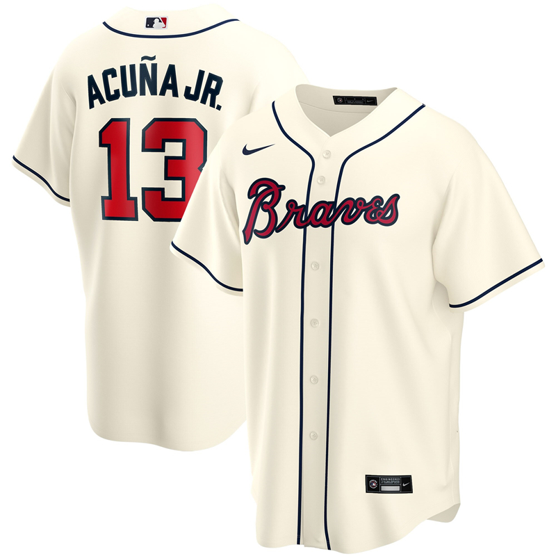 2020 MLB Men Atlanta Braves 13 Ronald Acuna Jr. Nike Cream Alternate 2020 Replica Player Jersey 1